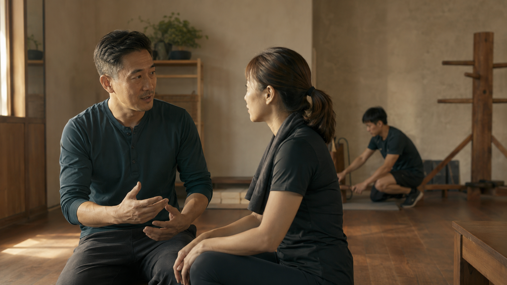A coach giving post-class feedback to an adult student in a boutique training academy