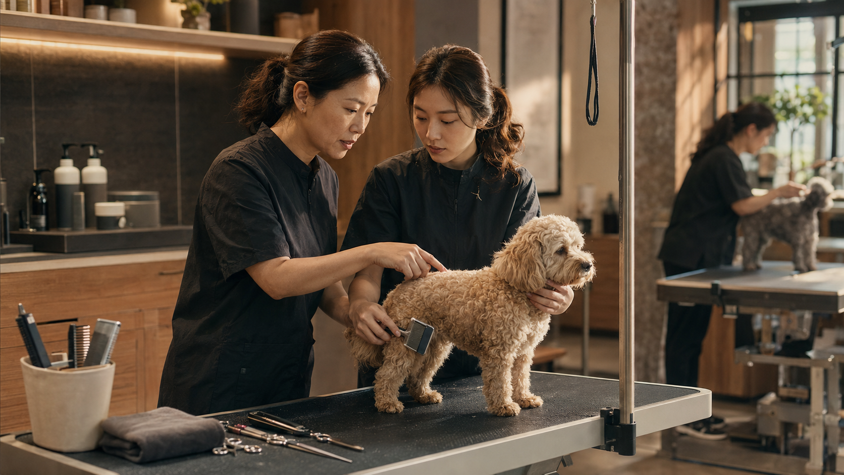 A master pet groomer guiding an adult trainee while grooming a calm dog