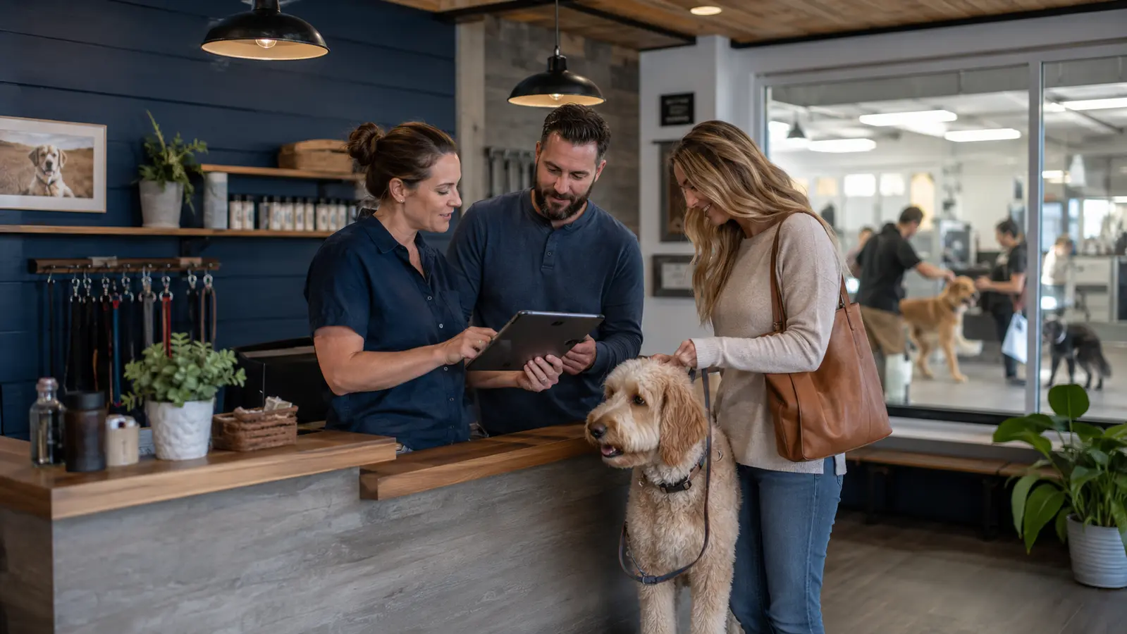 Illustrative application scenario of a pet-care team connecting service history, booking, and follow-up.
