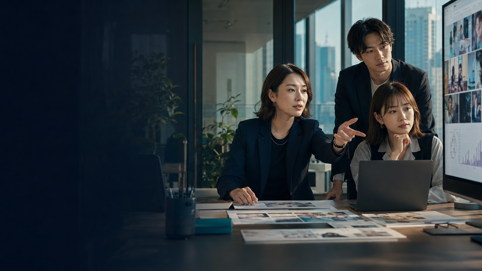 日本の芸能事務所チームがファン運用と次の施策を確認する様子