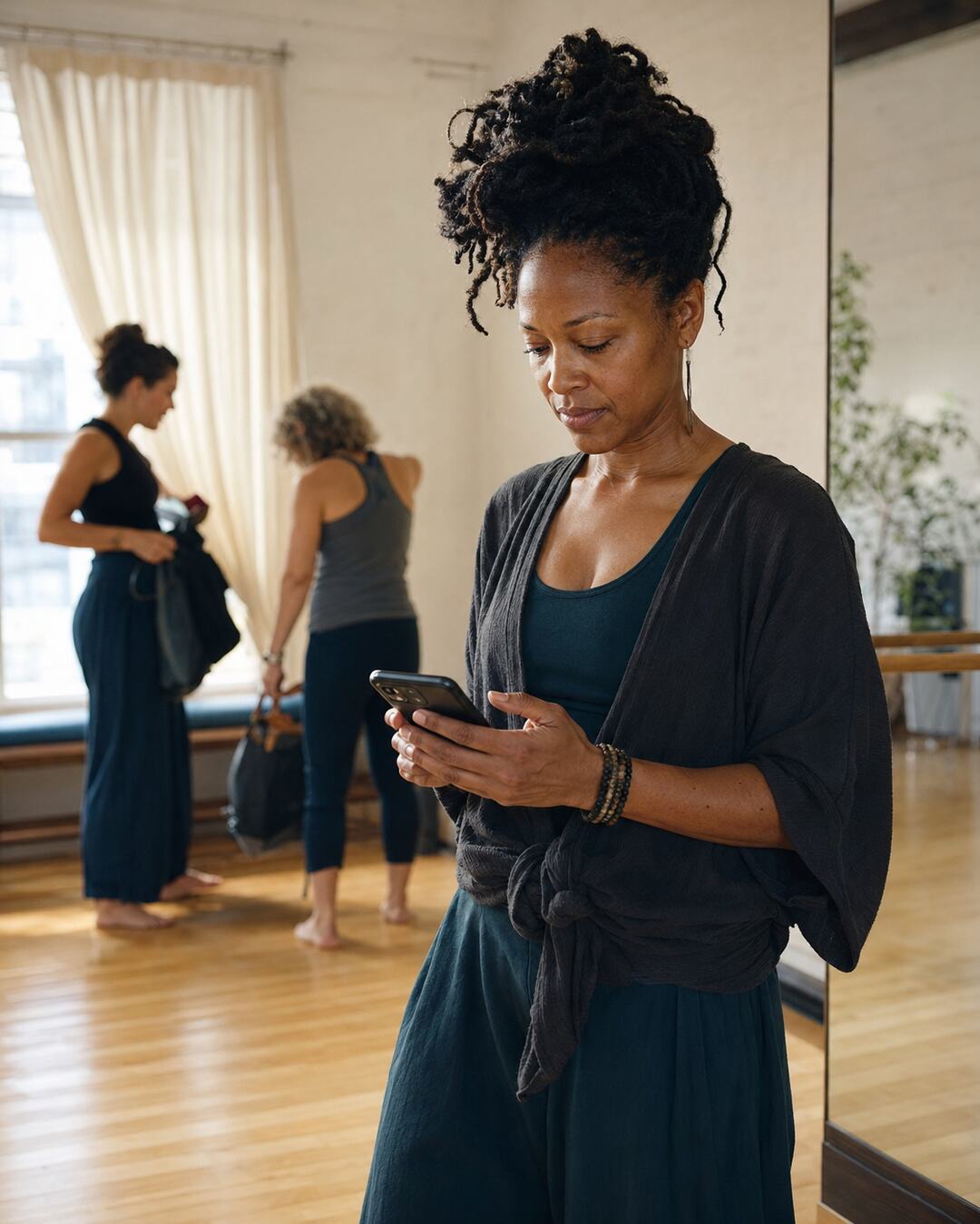 Dance-studio owner reviewing a post-class customer follow-up on her phone.