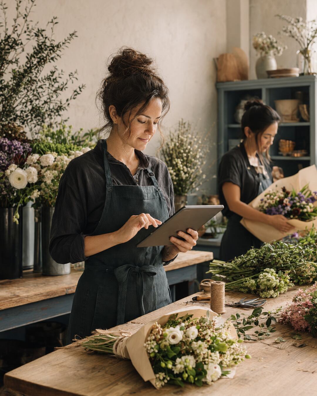 Independent florist reviewing a returning customer’s order and follow-up on a tablet.