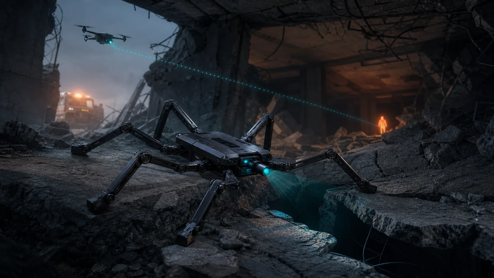 A six-legged jumping robot searches a collapsed building while coordinating with an aerial drone.