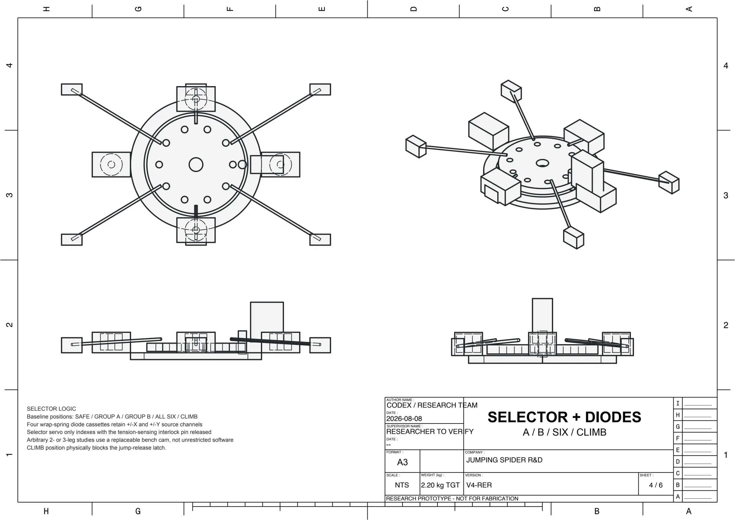 Jumping Spider V4 selector and mechanical diode research drawing.