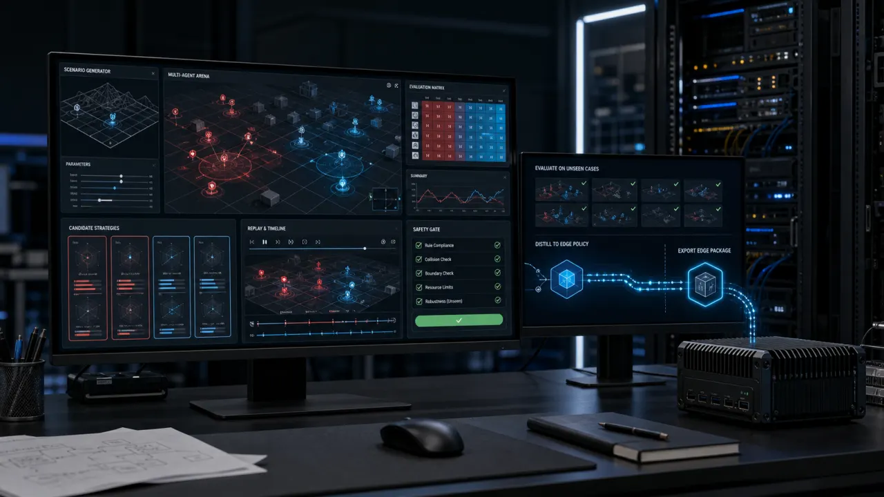 SHEEPDOG Red–Blue AI Foundry research build showing generation, competition, selection, verification, and bounded policy distillation.