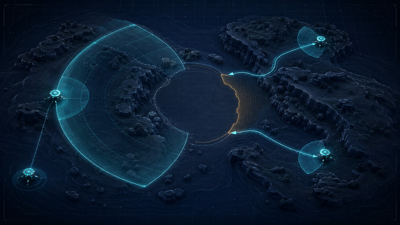 Archived 3D concept visualization of autonomous mission coordination; not an actual simulator capture.