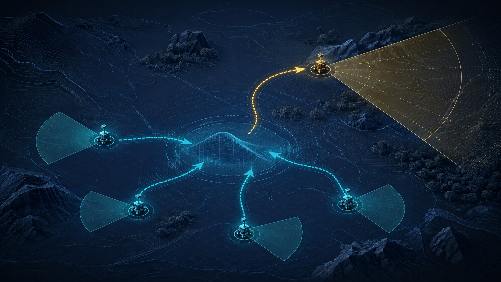 Archived 3D concept visualization of autonomous mission coordination; not an actual simulator capture.