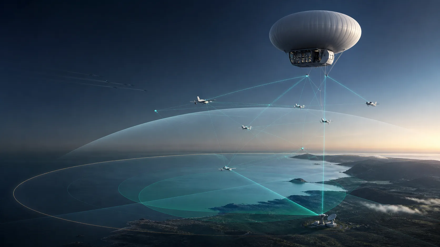 SKY MECH high-altitude nodes coordinate layered aerial sensing and response over a protected area.