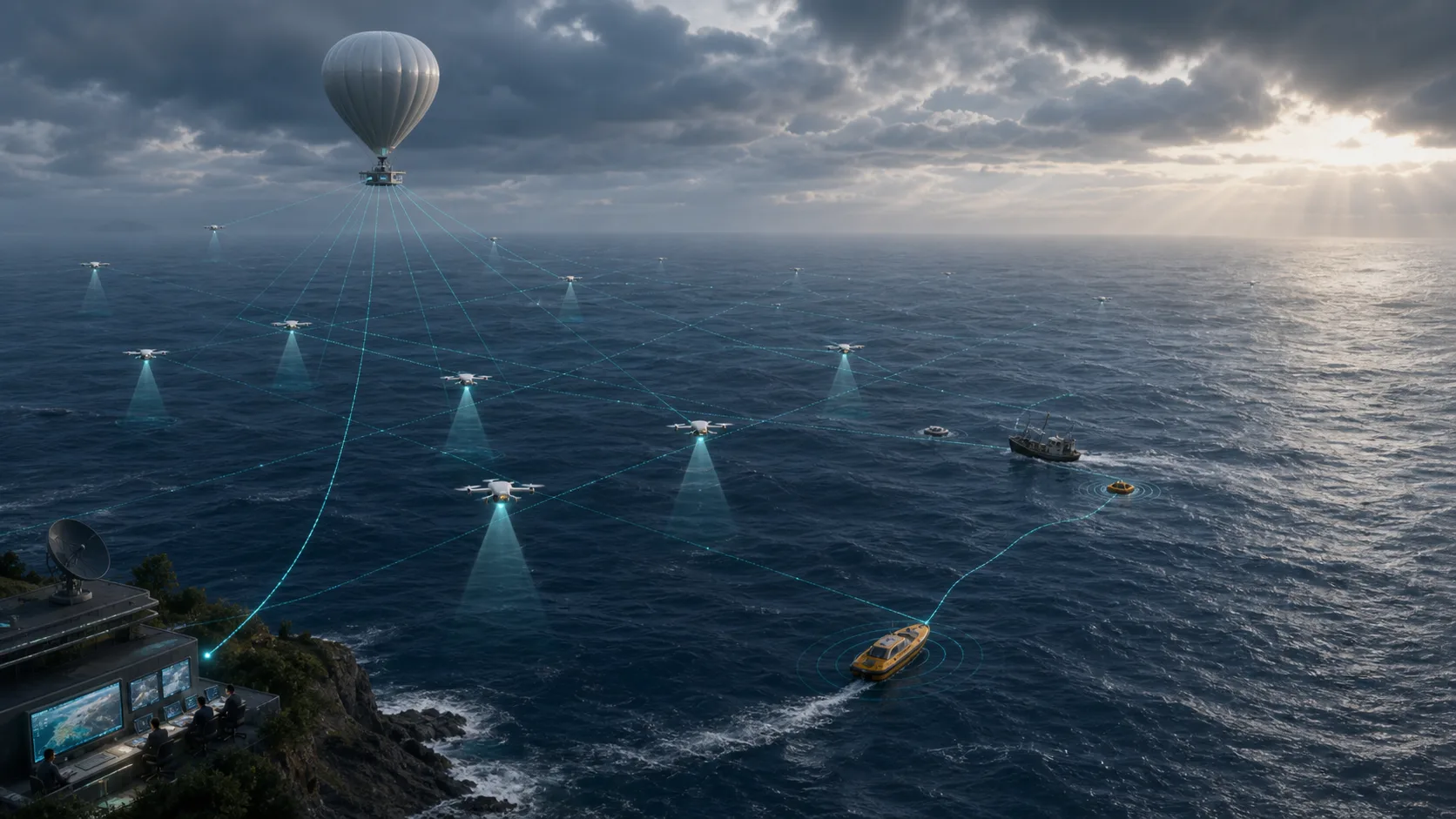 High-altitude nodes, UAVs, and an unmanned surface vessel search a gridded maritime rescue area.
