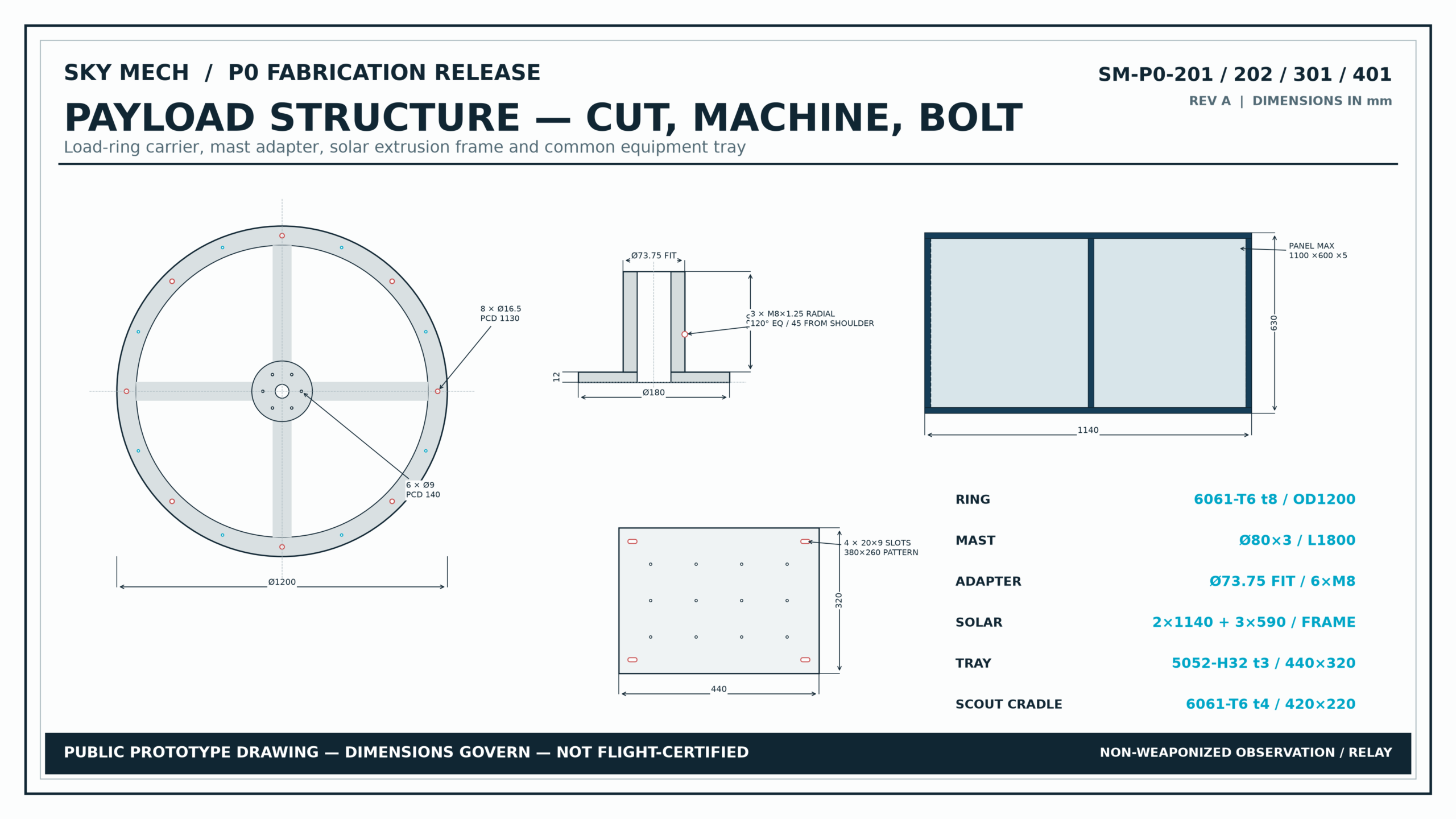 SKY MECH P0 load ring, center mast, payload structure and solar carrier engineering drawing.