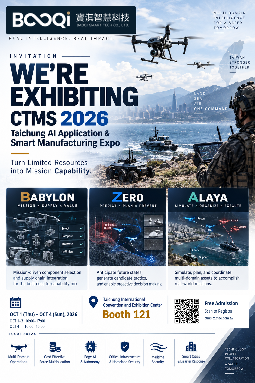 Baoqi Smart CTMS 2026 exhibition invitation featuring BABYLON, ZERO and ALAYA. October 1–4, 2026, Taichung International Convention and Exhibition Center, Booth 121.
