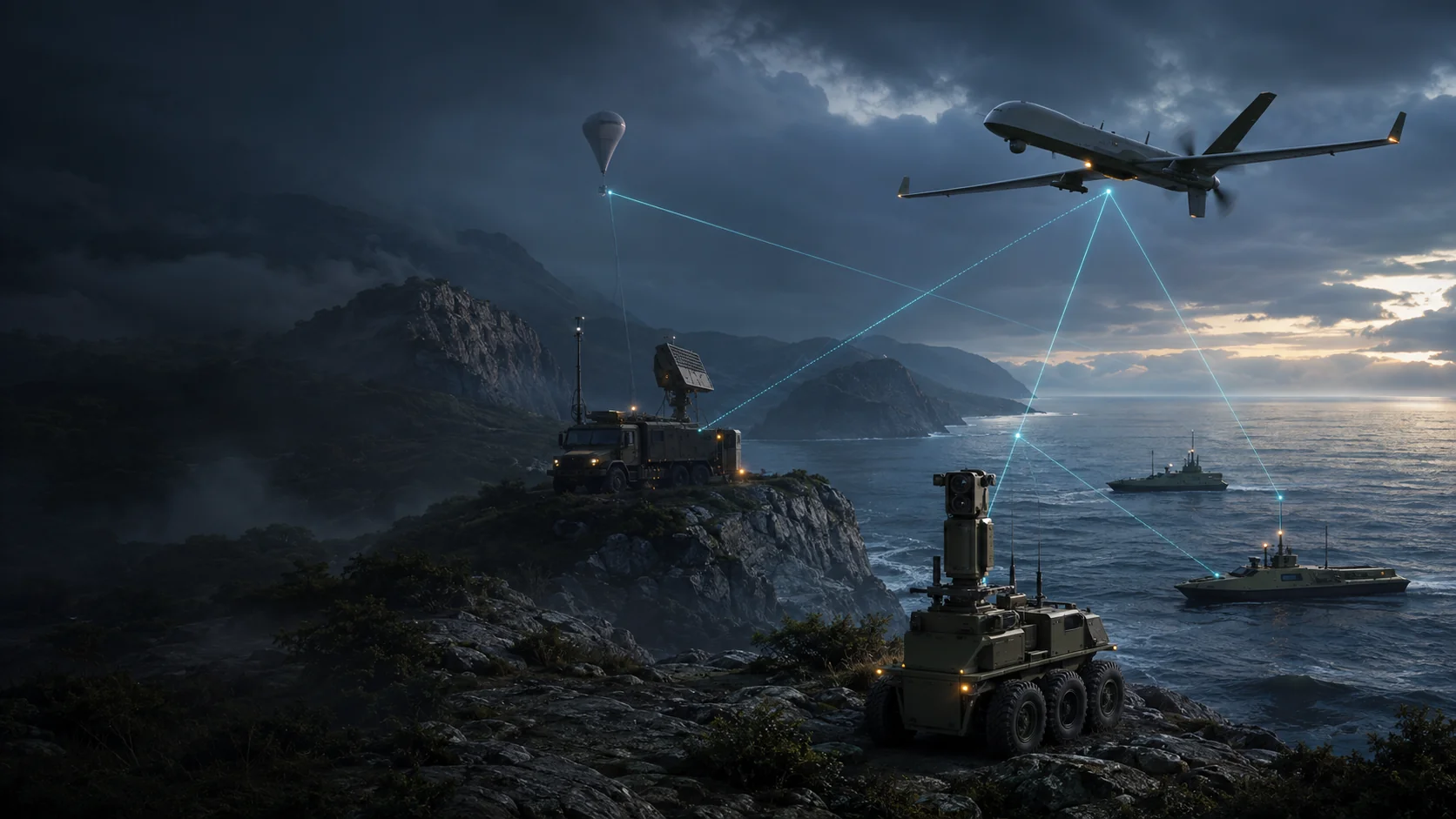 Concept visualization of UAVs, unmanned surface vessels, a ground robot and a mobile sensor platform sharing observations across a coastal defense scene.
