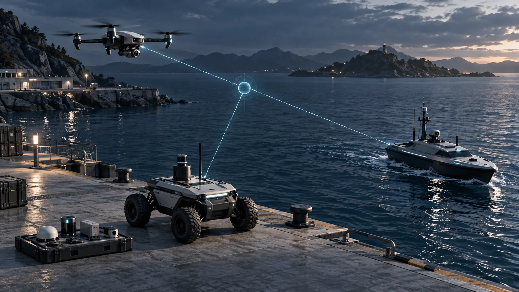 異種連携のイラスト：沿岸の任務エリアでUAV、UGV、USVがつながる様子。